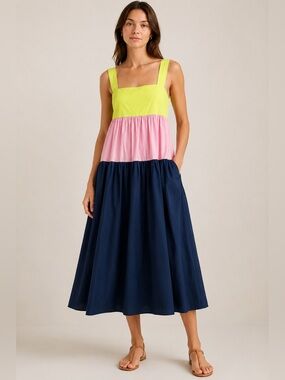 Paper London Colorblock Tiered Midi Dress 100% Cotton Pockets Size 10